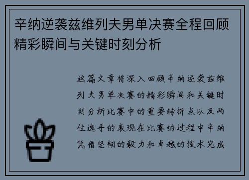 辛纳逆袭兹维列夫男单决赛全程回顾精彩瞬间与关键时刻分析