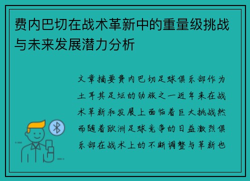 费内巴切在战术革新中的重量级挑战与未来发展潜力分析