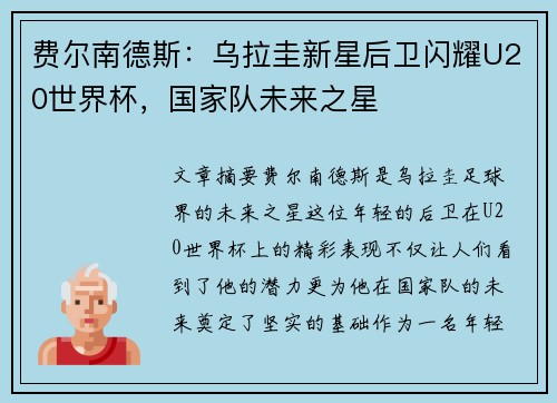 费尔南德斯：乌拉圭新星后卫闪耀U20世界杯，国家队未来之星