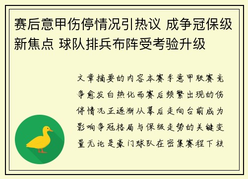 赛后意甲伤停情况引热议 成争冠保级新焦点 球队排兵布阵受考验升级