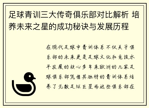 足球青训三大传奇俱乐部对比解析 培养未来之星的成功秘诀与发展历程
