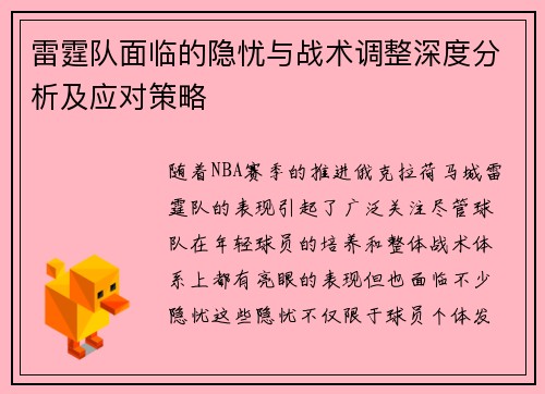雷霆队面临的隐忧与战术调整深度分析及应对策略