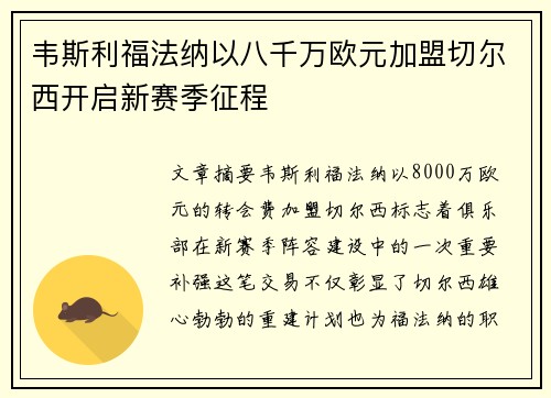 韦斯利福法纳以八千万欧元加盟切尔西开启新赛季征程