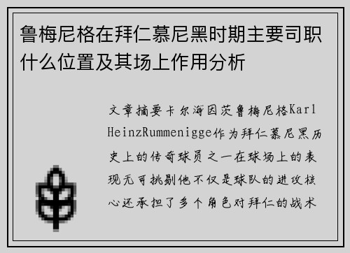 鲁梅尼格在拜仁慕尼黑时期主要司职什么位置及其场上作用分析